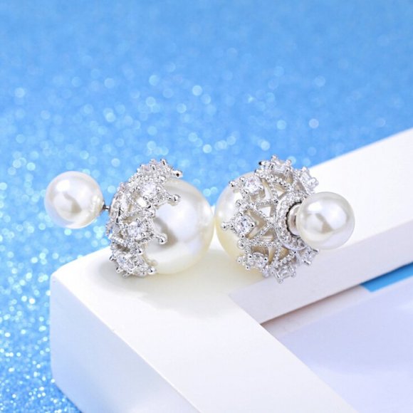 *NEW 925 Sterling Silver Diamond Pearl Earrings - Picture 6 of 11